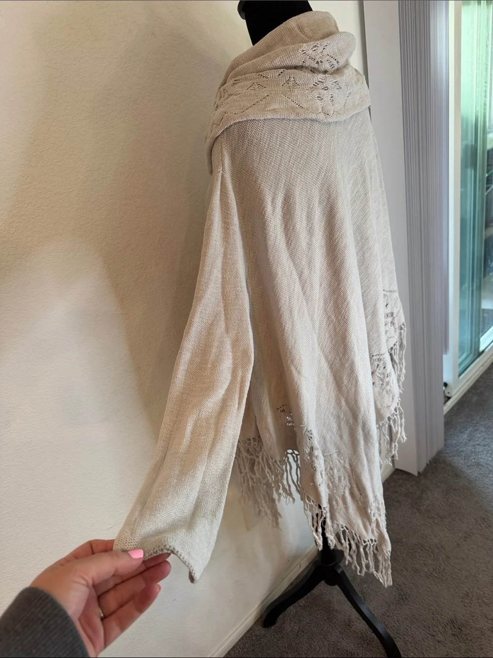 Free People Light Gray Crochet-Trim Cowl Poncho Sweater